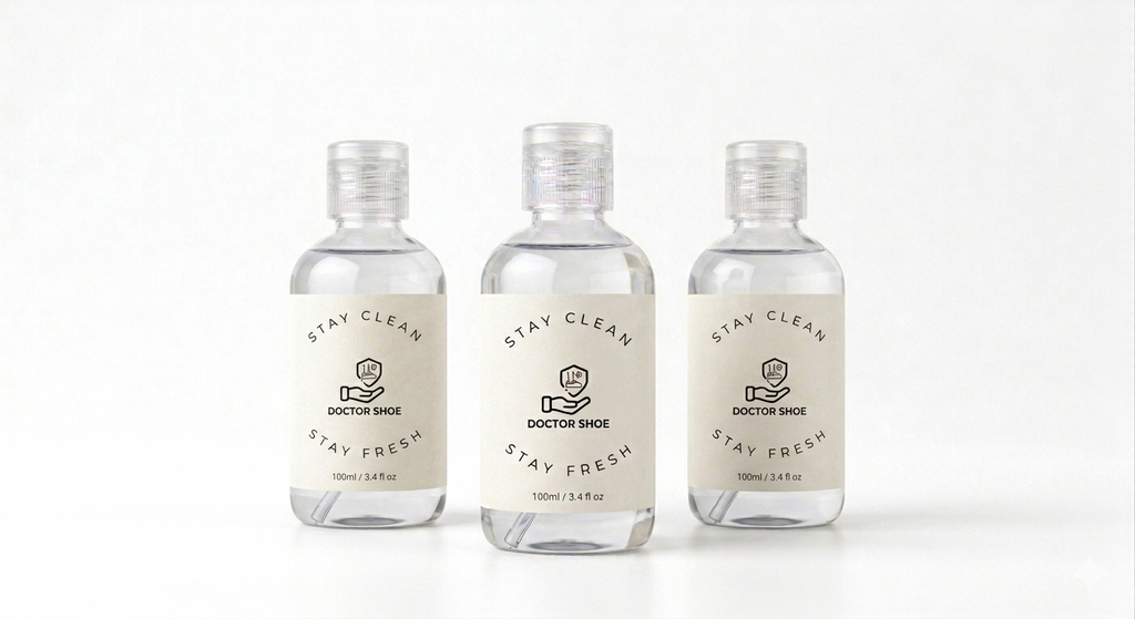 Three small bottles of 'Doctor Shoe' with labels on a white background