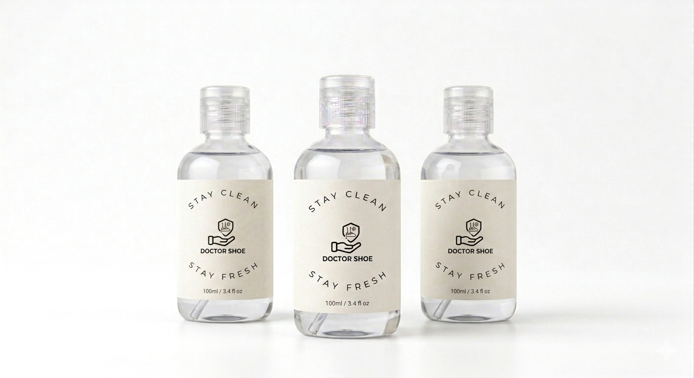 Three small bottles of 'Doctor Shoe' with labels on a white background