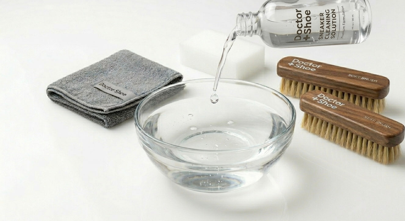 Clear glass bowl with water, bottle of shoe cleaner, gray cloth, and wooden brush on a white background