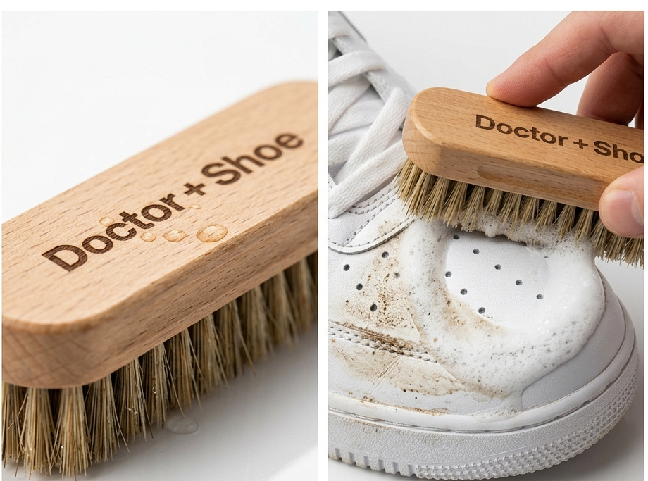 Wooden shoe brush with bristles and 'Doctor + Shoe' branding, used on a white sneaker.