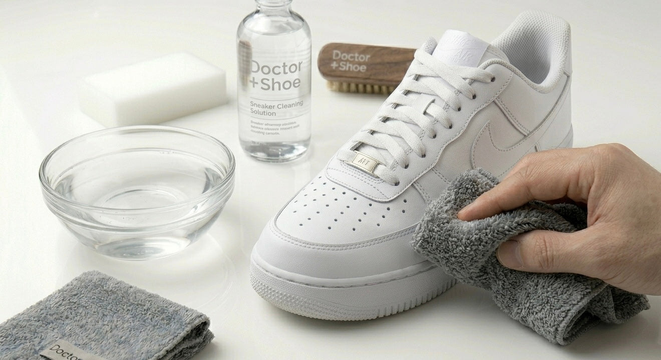 White sneaker being cleaned with a cloth, next to a bottle of cleaning solution and a brush on a white surface.