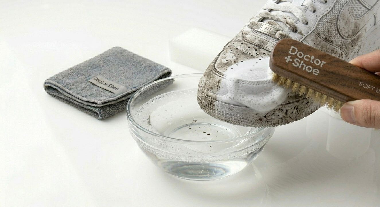 Person cleaning a shoe with a brush next to a bowl of water and a cloth on a white background