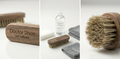 Set of shoe care products including a soft brush, bottle, and towel on a white background.