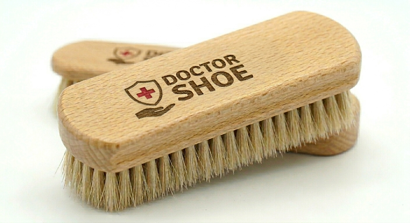 Wooden shoe brush with bristles and 'Doctor Shoe' branding on a white background