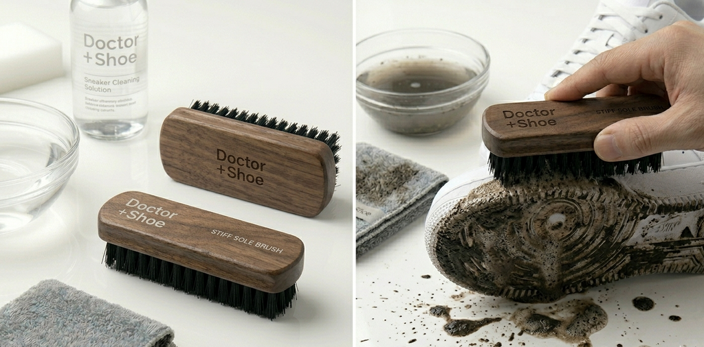 Set of 'Doctor + Shoe' shoe cleaning tools including a brush and bottle on a white surface.