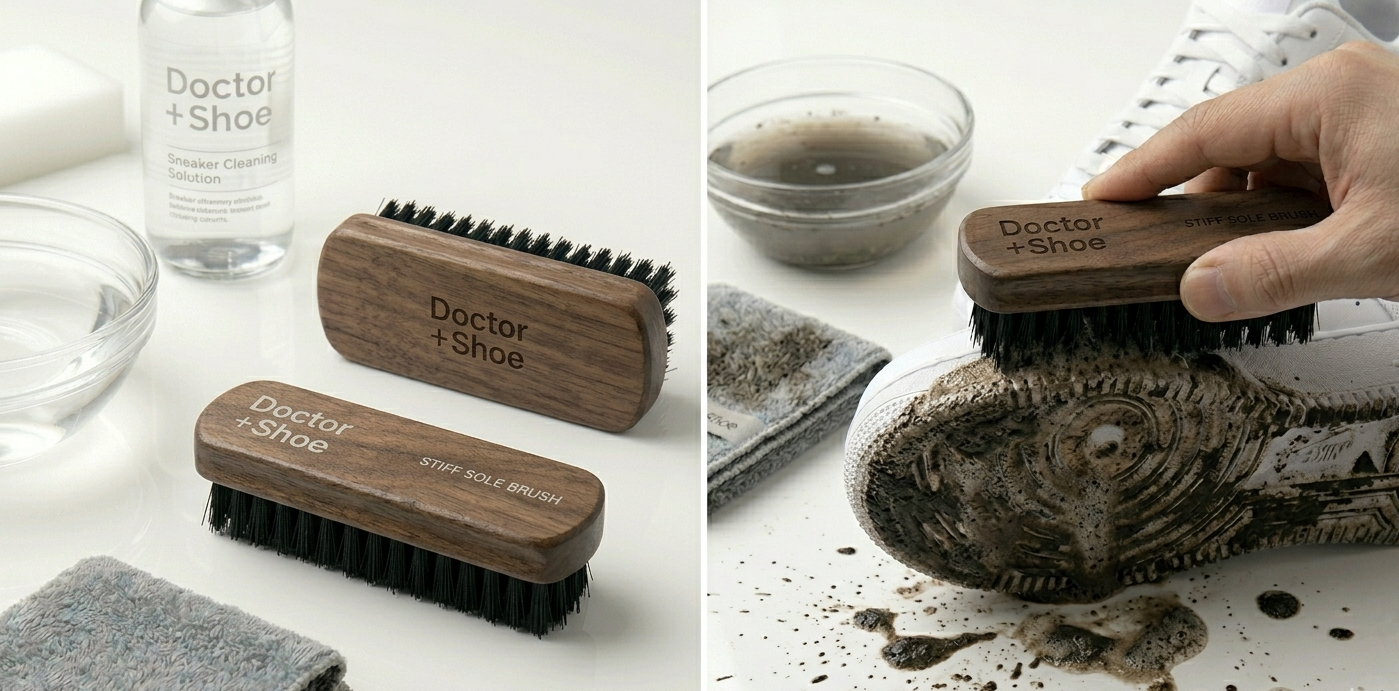 Set of 'Doctor + Shoe' shoe cleaning tools including a brush and bottle on a white surface.