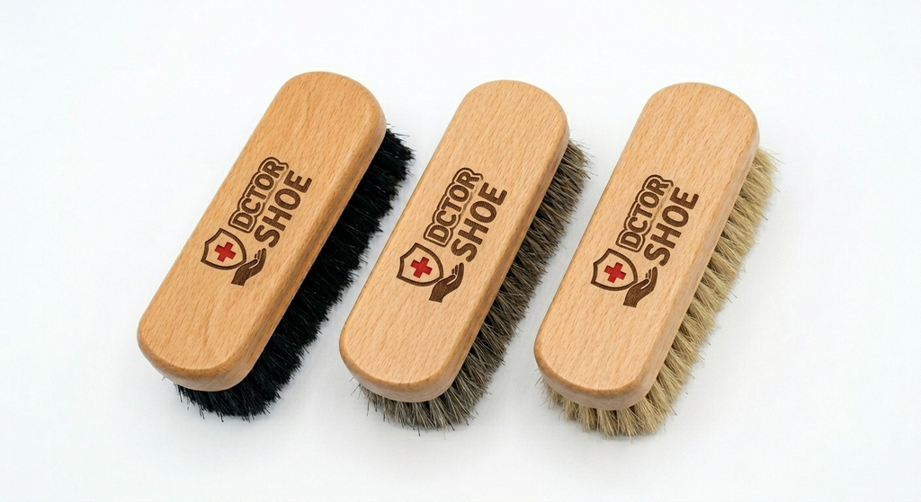 Three wooden shoe brushes with bristles on a white background, branded 'Doctor Shoe'.