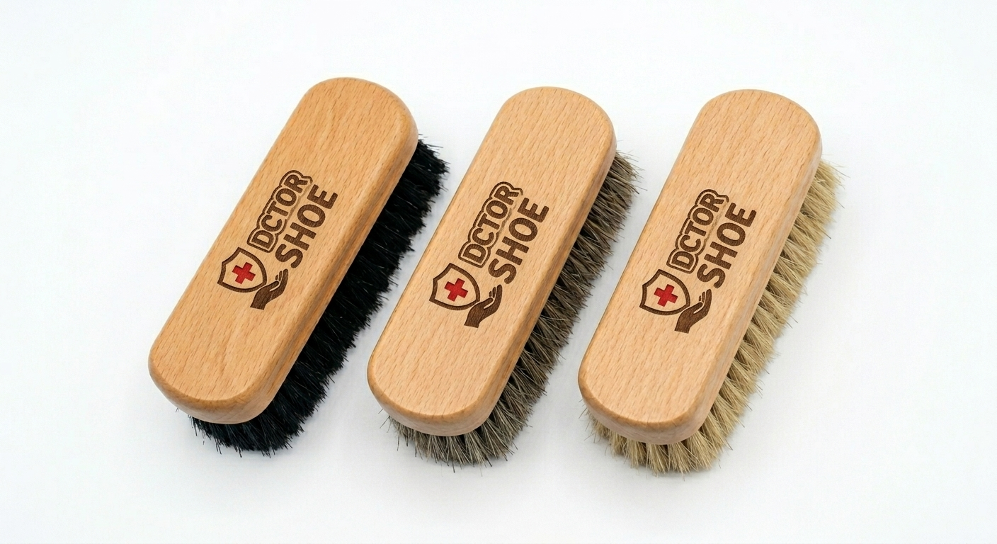 Three wooden shoe brushes with bristles on a white background, branded 'Doctor Shoe'.