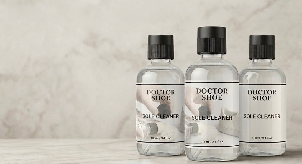 Three bottles of Doctor Shoe sole cleaner on a light background