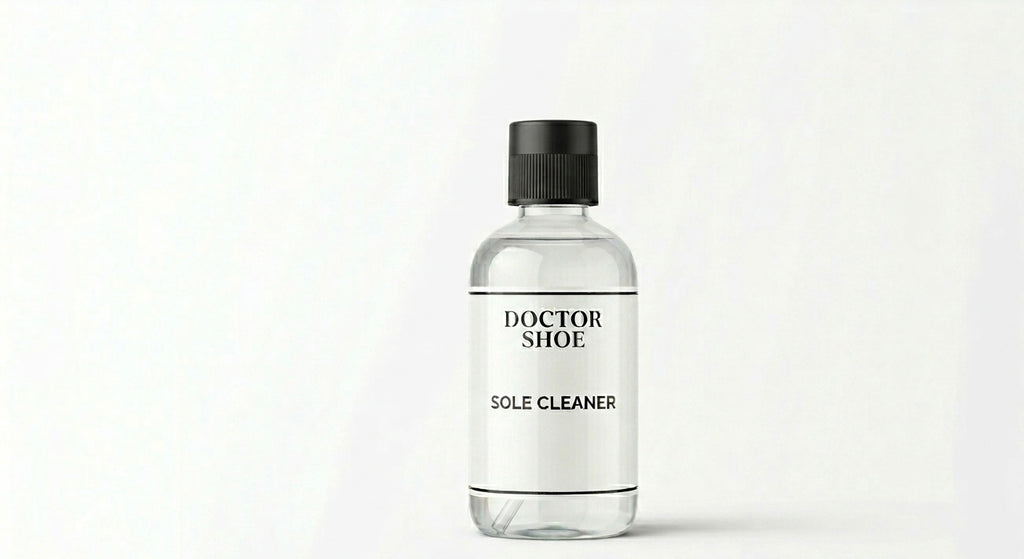Bottle of Doctor Shoe sole cleaner on a white background