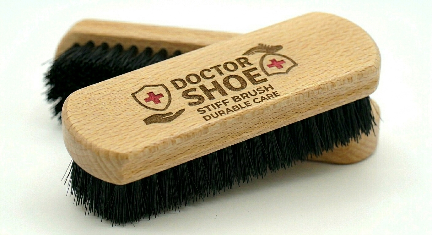 Wooden shoe brush with black bristles and 'Doctor Shoe' branding on a white background